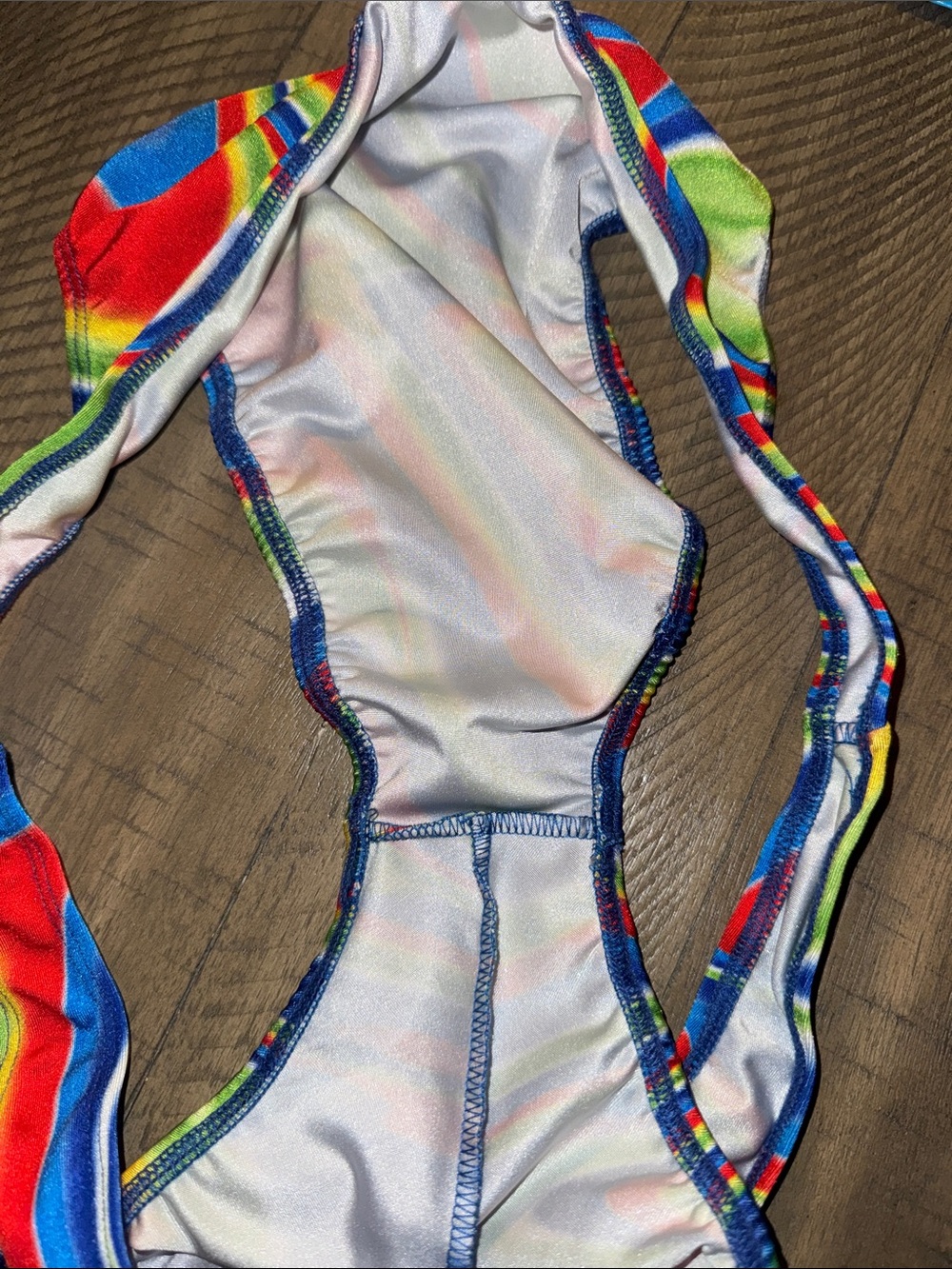 Colorful Swirl Men’s Bikini Bottom - Rainbow Print for swim, tanning, or posing - Picture 4 of 5